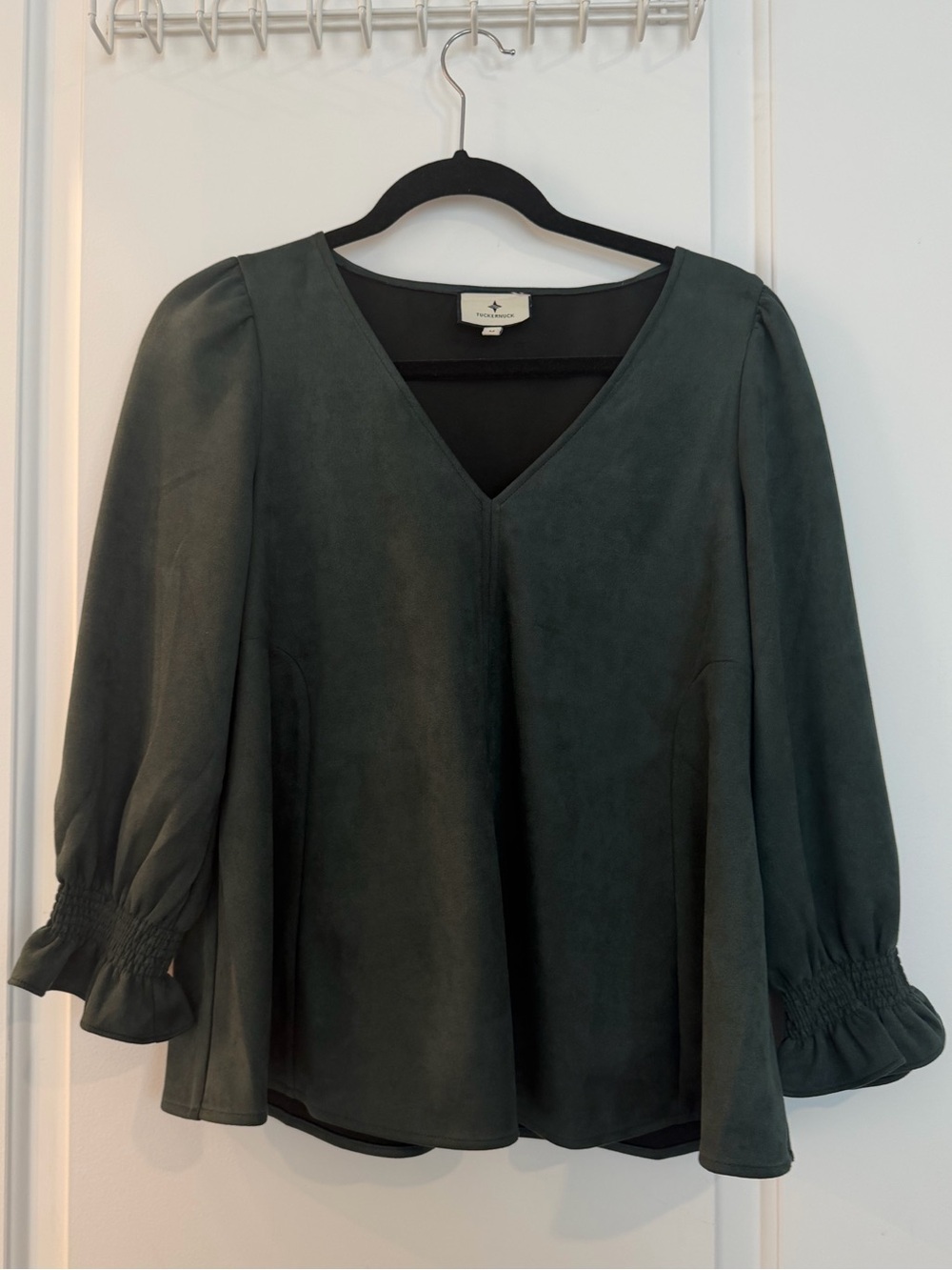 Tuckernuck Dark Green V-Neck Smocked Sleeve Blouse